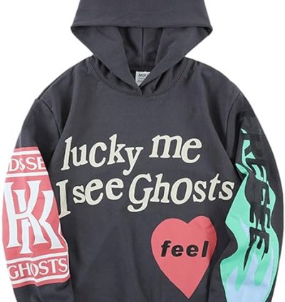 Saint Tears  Lucky I See Ghosts Hoodie. Children's "See Ghosts" Men's Western Rapper Gray Sweatshirt.